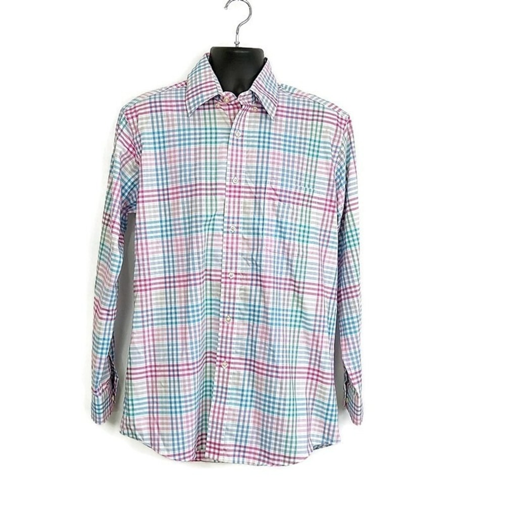 Sero by Forsyth Button Down Shirt Mens M Pink Blue Plaid No Iron Tailored Fit